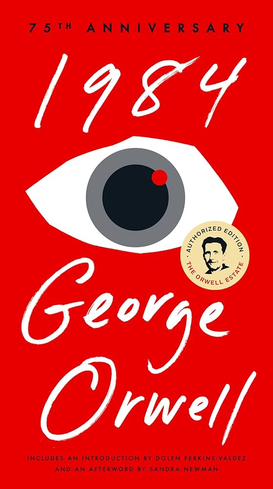 Cover of the 75th Anniversary edition of '1984' by George Orwell featuring a red background, an eye graphic, and text indicating it includes an introduction and afterword.