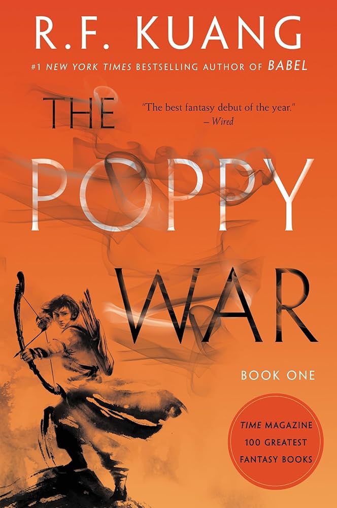 Book cover of 'The Poppy War' by R.F. Kuang featuring an illustration of a warrior with a bow against an orange background.